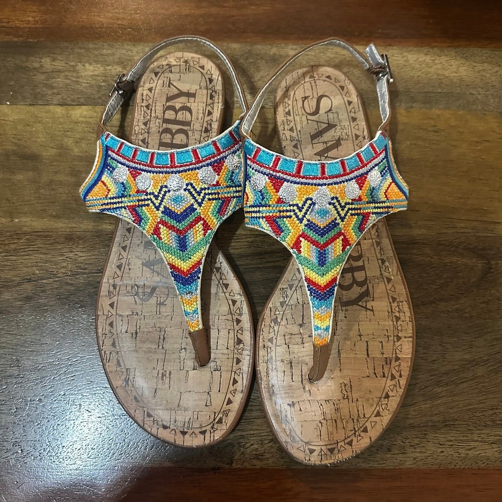 Sam & Libby Sandals Size 8 Multicolor Embroidered Thong Slingback Boho